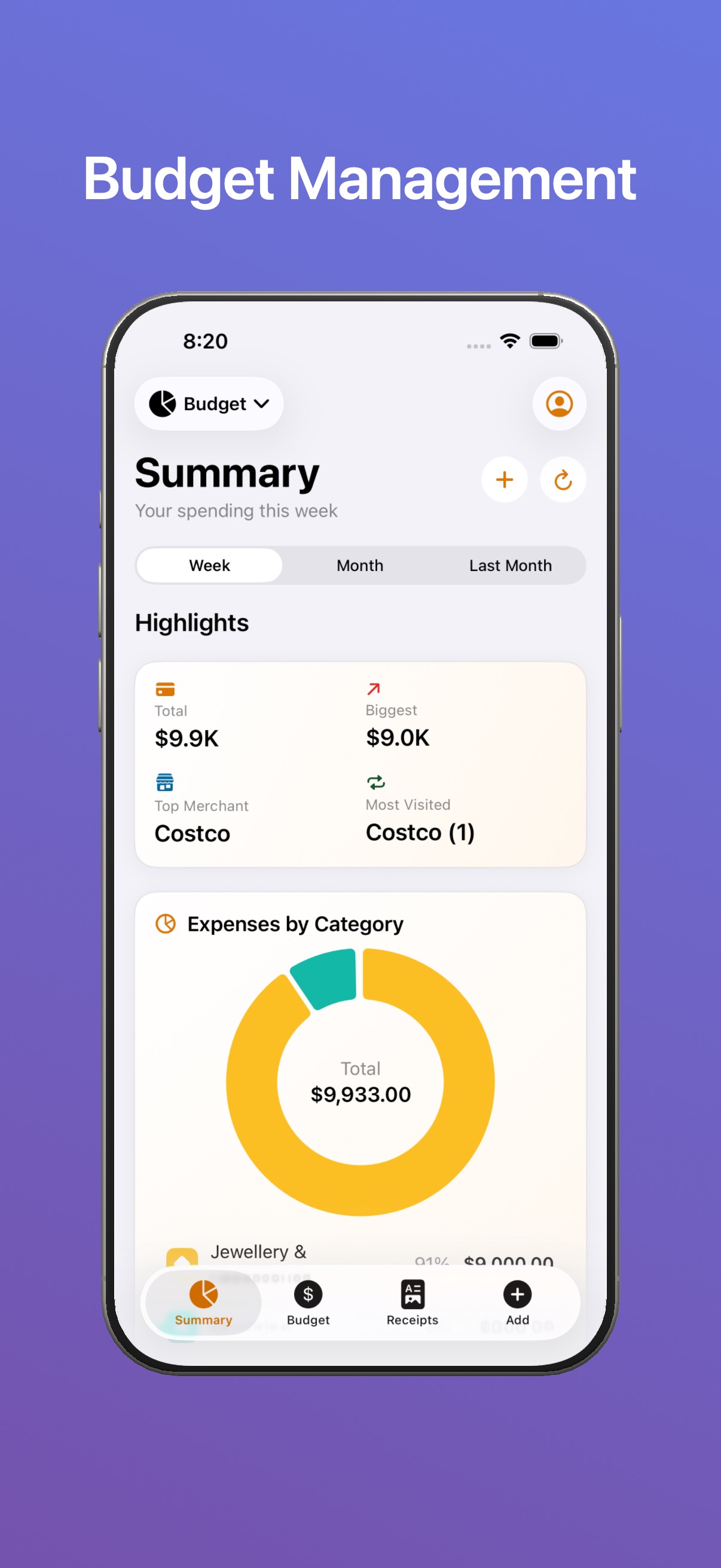 Persimmoney Budget summary with spending highlights and expenses by category donut chart
