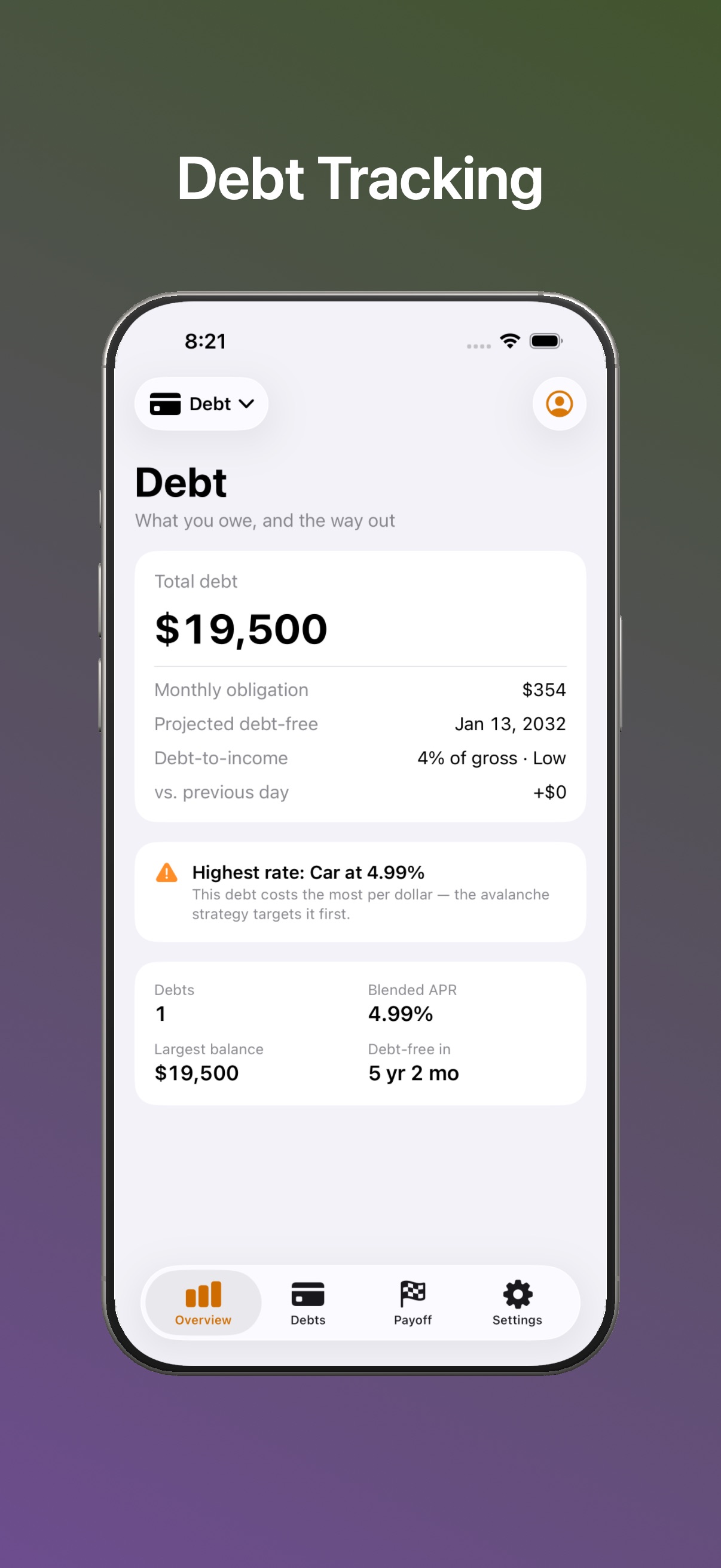Persimmoney Debt workspace showing total debt, payoff projection and blended APR