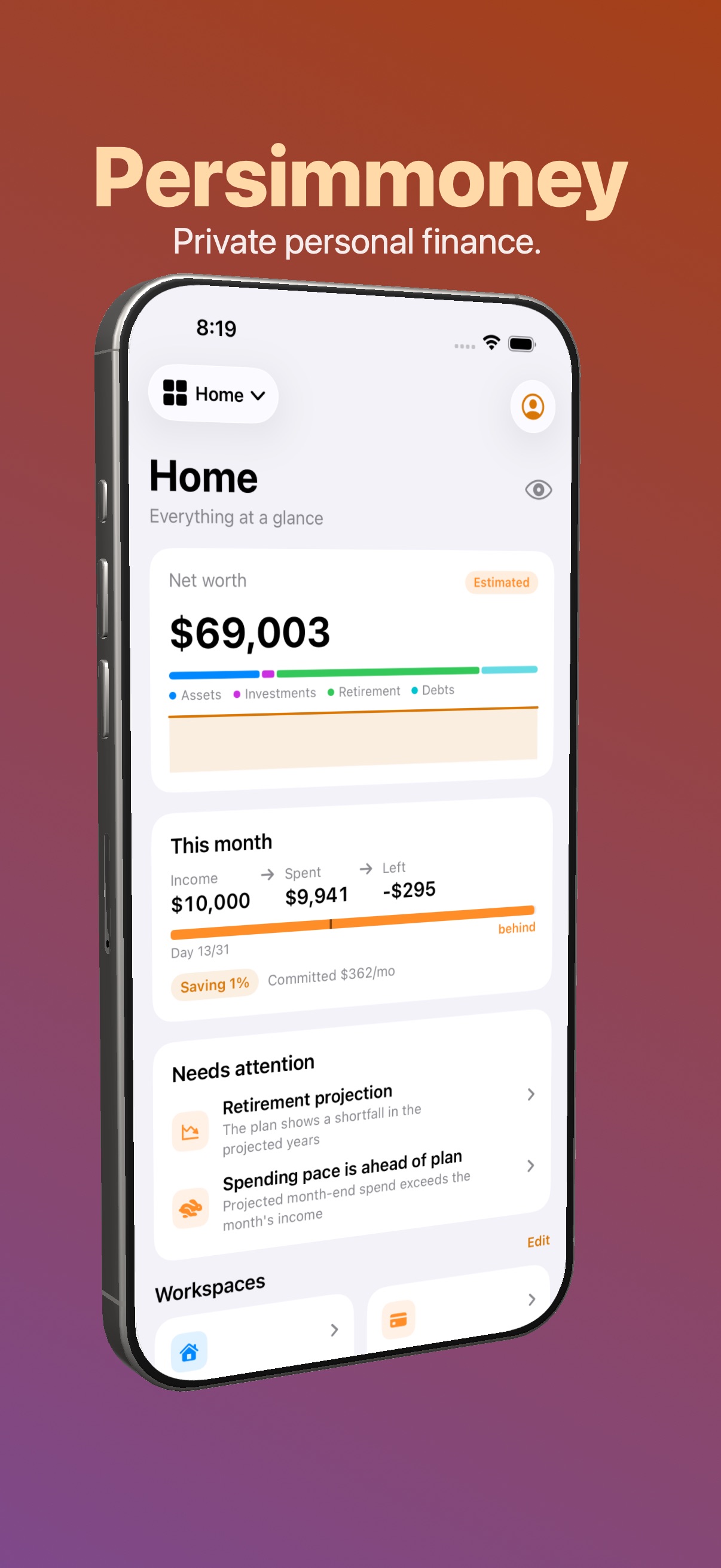 Persimmoney Home workspace showing net worth, monthly cash flow and attention items