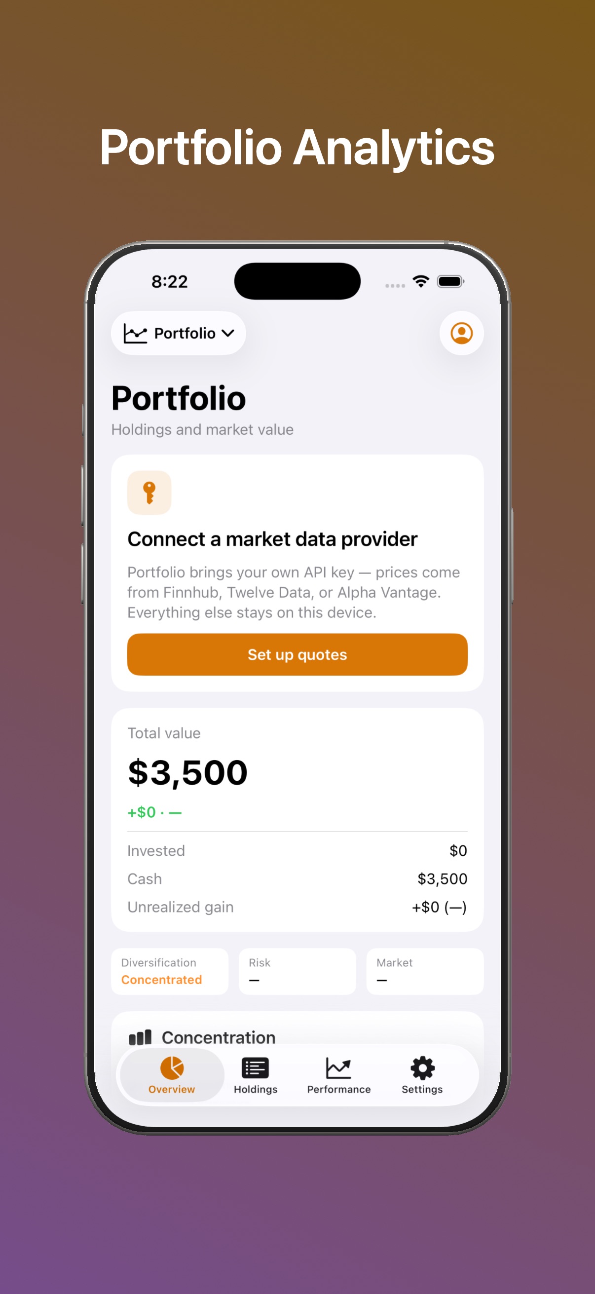 Persimmoney Portfolio workspace with bring-your-own market data provider setup