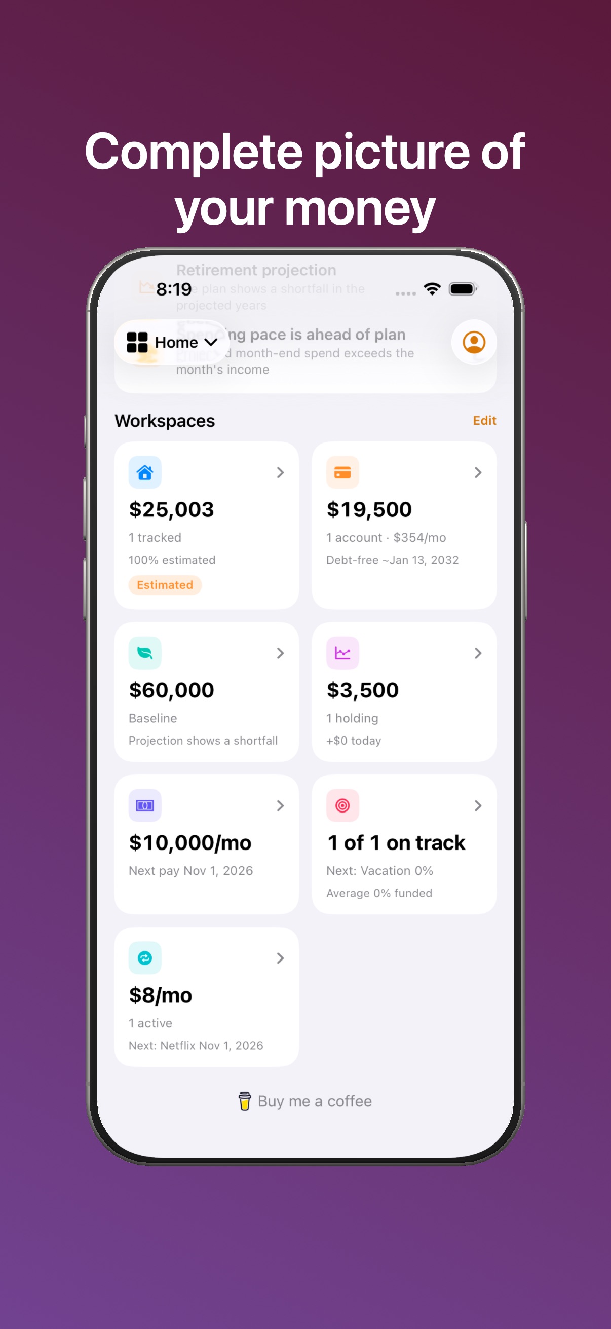 Persimmoney workspaces grid — assets, debt, retirement, portfolio, income, goals and subscriptions